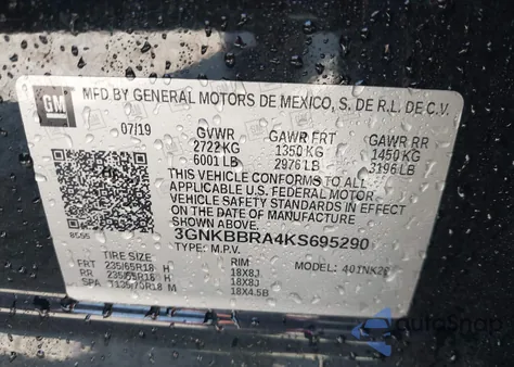 2019 Chevrolet Blazer from USA, damaged, VIN 3GNKBBRA4KS695290